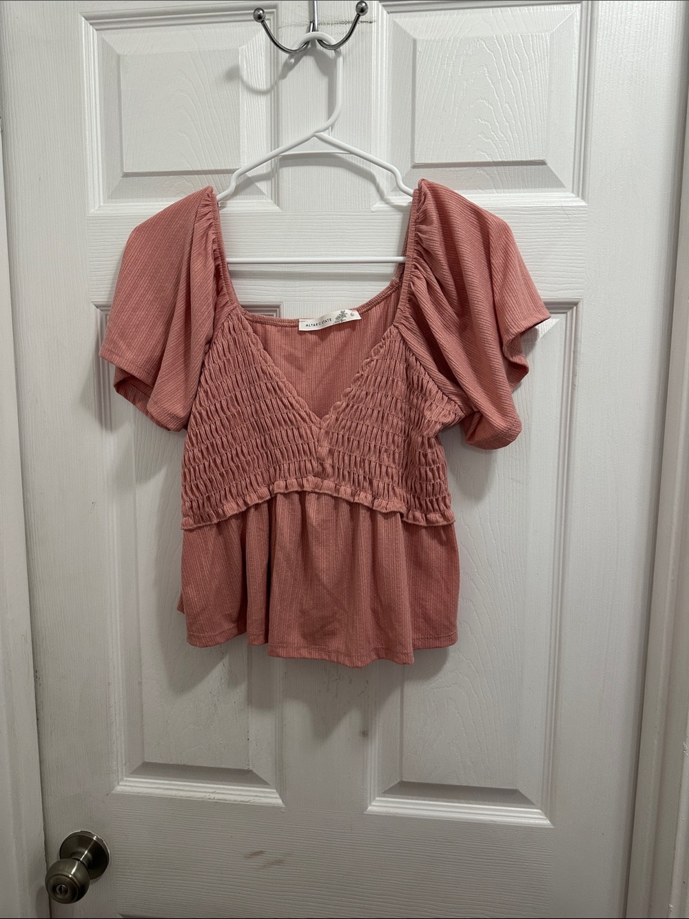 Altar'd State Dusty Rose Smocked V-Neck Flutter Sleeve Top